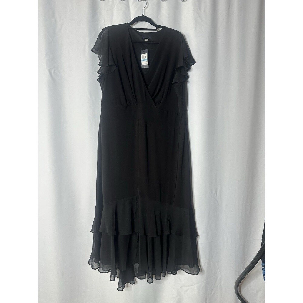 Tommy Hilfiger Chiffon Ruffle Trim V-Neck Midi Black Tiered Dress Women 20